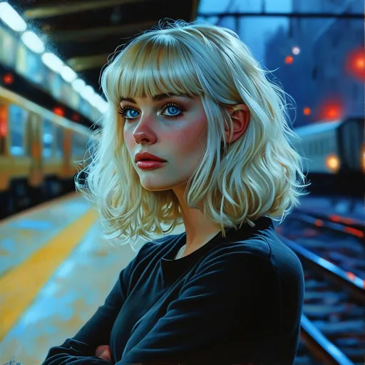 Prompt: a woman with blonde bangs hair and dark blue eyes, wearing black shirt at a nighttime railroad station with her arms crossed and her arms crossed behind her chest, Charlie Bowater, gothic art, stanley artgerm lau, an ultrafine detailed painting