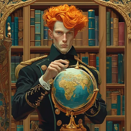 Prompt: Charles Robinson style illustration, strong colors, Surrealism, bizarre, fantastical, fantasy, a magical house, a vast Victorian library, A military man touches a magical globe at work,  25 year old, neat trim orange hair,  embroidered uniform, medals, Surreal, detailed facial features 