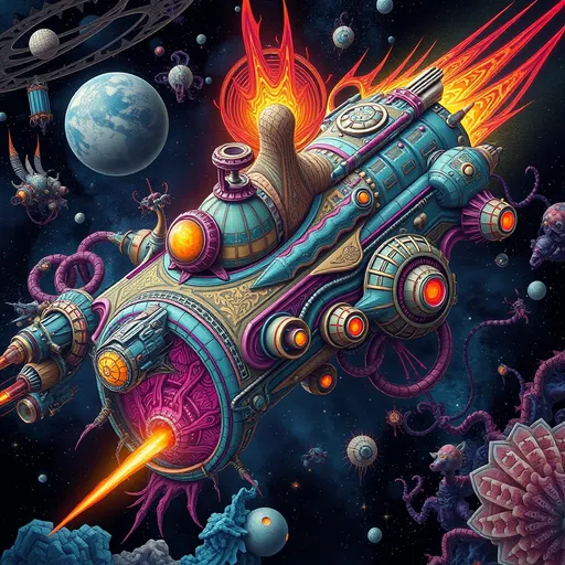 Prompt: art nouveau style spaceship, vibrant color scheme, intense design, bizarre and disturbing elements, unique surreal features, creativity unleashed from another universe, intricate patterns, otherworldly forms, dreamlike ambiance, colorful cosmic elements, high depth detail, captivating atmosphere, imaginative and abstract composition, striking visual contrast.