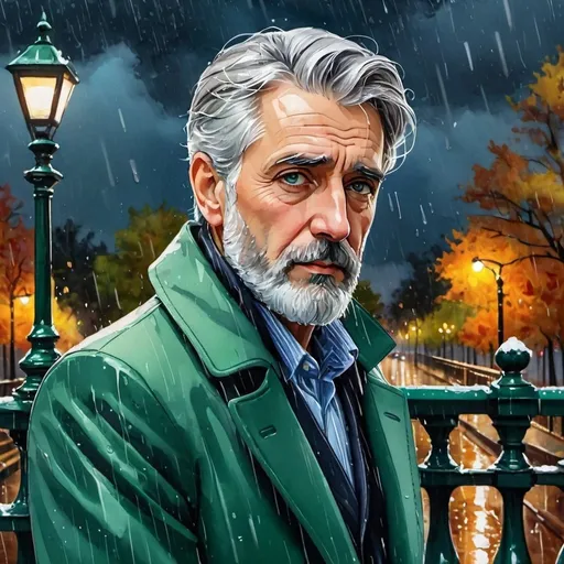 Prompt: 4k, high resolution, detailed, mixed media, colored inks, gouache, watercolor, dramatic, expressionism, night, rain, wind, snow, dark clouds. Worried, sad, wary Well groomed gray-haired, gray bearded man in stylish green suit leans against railing,  park, autumn, street light, raining, blue eyes, short gray hair, close up, dark colors , night,  detailed eyes, dramatic expression, autumn park,  raining, professional, fashion , wet, green themed photo 