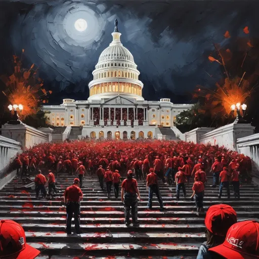 Prompt: Stylized impressionistic painting of the US Capitol by night, post-apocalyptic scene, ruins, large palette-knife strokes, red baseball hats scattered over the steps, intense and chaotic brushwork, dramatic lighting, best quality, highres, large brushstrokes, impressionistic, post-apocalyptic, ruins, dramatic lighting, intense brushwork, capitol building, red baseball hats, chaotic scene, nocturnal setting, professional