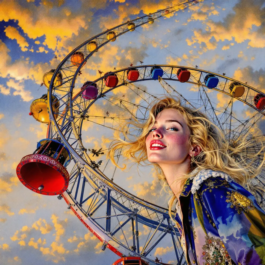 Prompt: 
M.c.Escher , a beautiful happy freckle faced blonde woman near large gondola-style Ferris wheel, artwork in the style of milo manara. Seen from unusual angle.