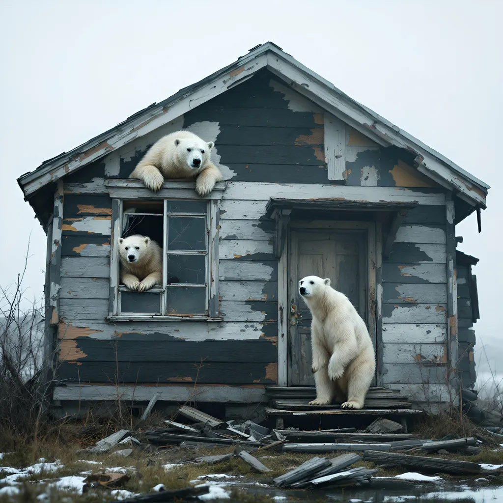 Prompt: Amidst the remnants of a dilapidated wooden house, two polar bears capture attention—their striking white fur contrasting sharply with the weathered, multicolored exterior of the structure, where peeling black paint and rotting wood tell a story of abandonment. One bear leans from a broken window, its curious gaze peering out into the desolate surroundings, while the other stands at the entrance, poised and alert, as if surveying its domain. The scene, shrouded in a somber atmosphere, depicts the intersection of nature and decay, illuminated by soft, diffused light typical of an overcast day, emphasizing the bleakness of both the environment and the bears’ presence amidst human neglect. A crumbling porch and scattered debris complete the visual narrative, evoking feelings of desolation while hinting at a world where wildlife encroaches upon forgotten human spaces.