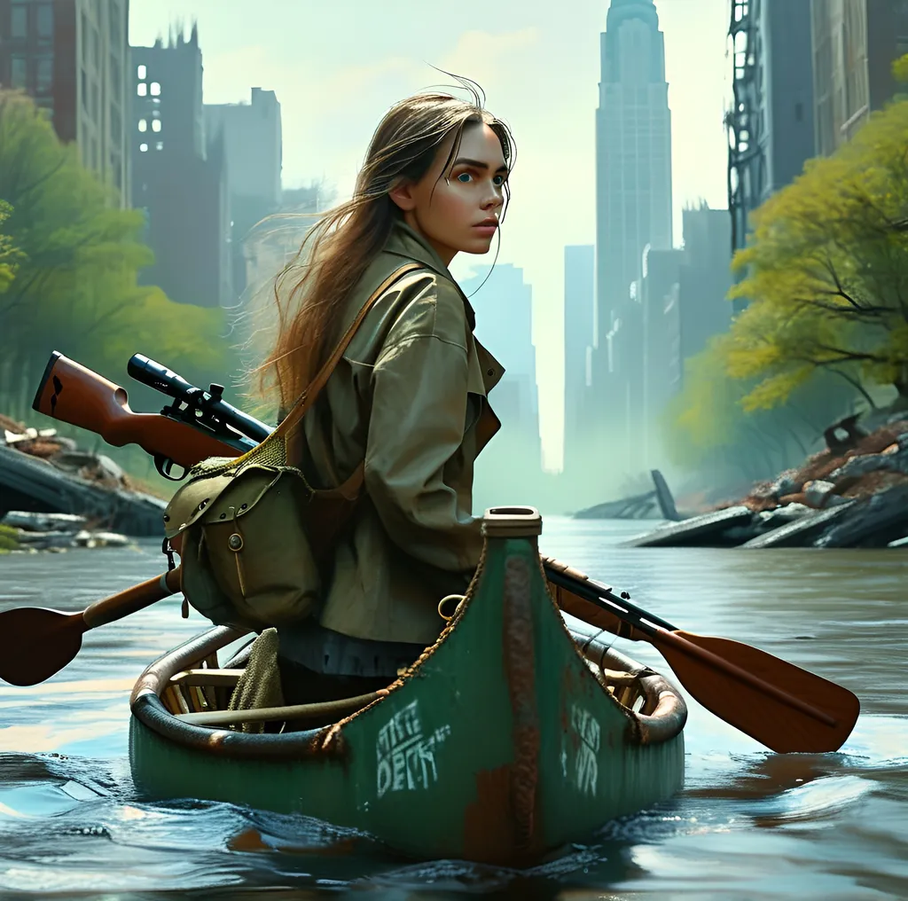 Prompt: Surreal pastel portrait, (ethereal atmosphere), Caucasian green eyed woman woman paddling a canoe down the east river beside New York City, with a rifle and scope at the ready.  post-apocalyptic battleground, soft pastel colors, misty and surreal lighting, slightly glowing hues, sense of urgency and determination, ruins and broken structures in the background, high detail and ultra-detailed, 4K realism, cinematic depth, high contrast between characters and background, floating particulate matter, dramatic composition.