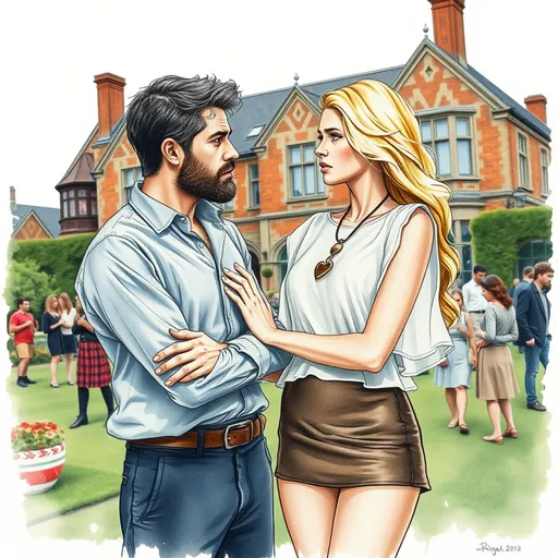 Prompt: Watercolor, colored inks, gouache. A man and a woman. Intense emotions. Full body shot. Man is worried, tall, salt and pepper color hair, short beard, 45. Woman is worrying beautiful blonde haired with freckles. wavy hair, raw photo. Look at each other with worry and concern. Aged brick manor house with gardens in background.  Slender small-waist long legs, , two bright blue eyes, three quarter profile, embracing man near people in garden.  She wears very tight very short see through miniskirt with see through blouse , long heart shaped necklace , natural textured skin, high-quality, detailed, realistic, , atmospheric lighting, movie patrons in background, blonde woman in miniskirt , tights, leggy