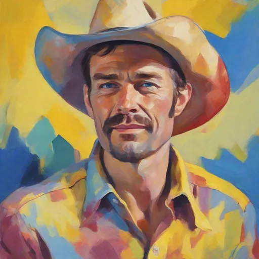 Prompt: Portrait clean-shaven man, cowboy shirt, cowboy hat, fauvism, bright colors expressive brushstrokes, backdrop soft yellow blue gradient
