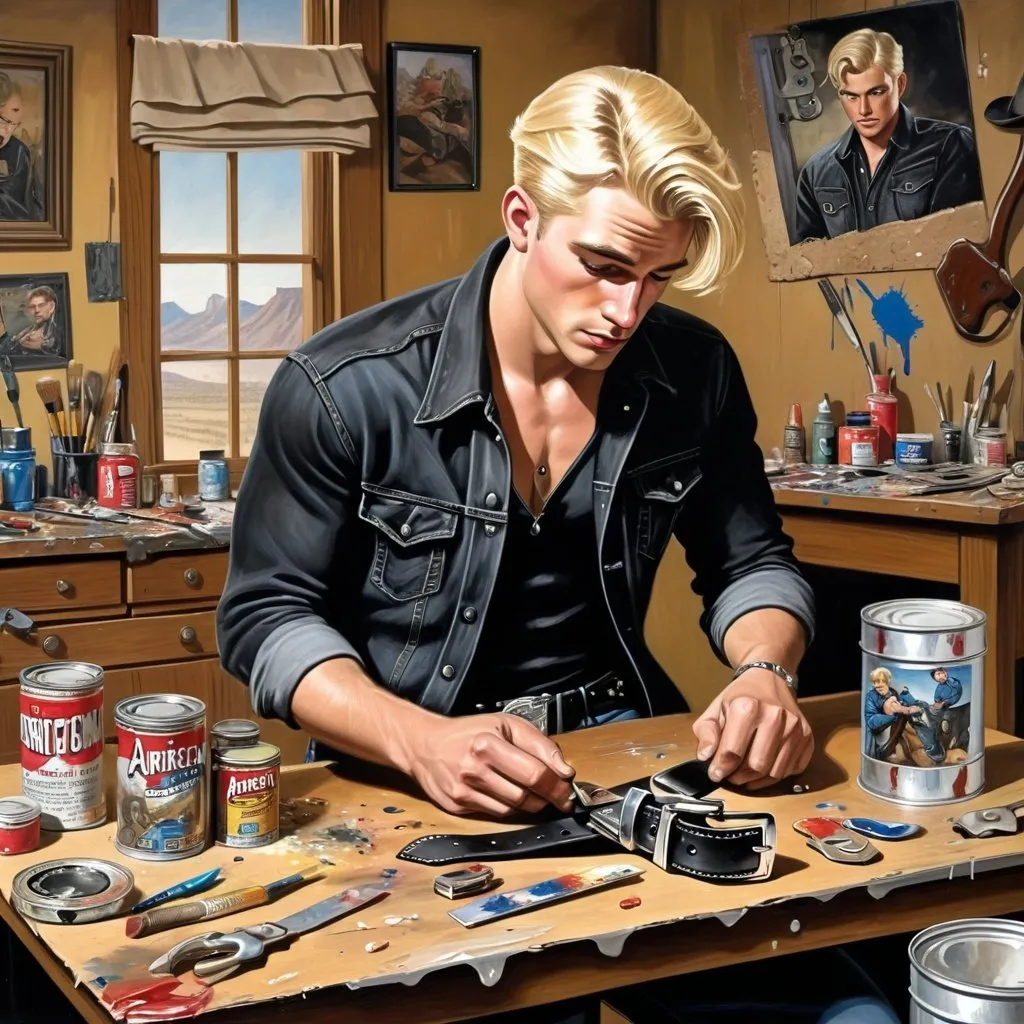 Prompt: a painting of a blonde man, 20s, wearing black denim,  fixing a broken silver belt buckle ,  with paint and other items around him on a table, american scene painting, western comic book art, an airbrush painting