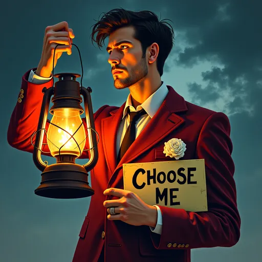 Prompt: a worried wary man in a red velvet suit with white carnation in lapel is holding a lit lantern and a sign that says [CHOOSE ME ]  on it, with a dark sky behind him, Cyril Rolando, neo-romanticism, dark gothic fantasy art, a storybook illustration