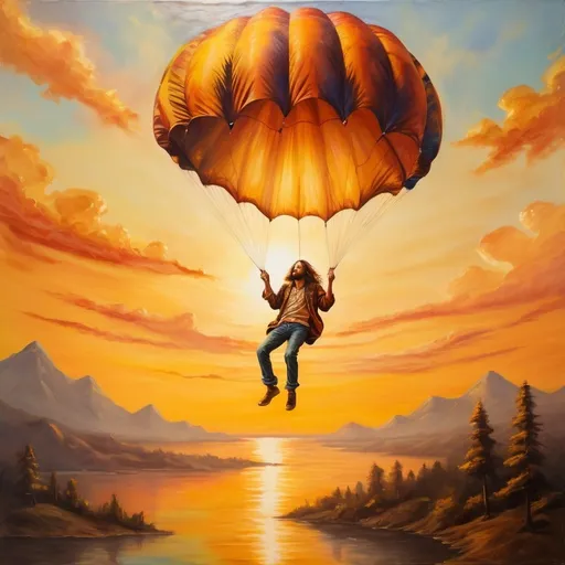 Prompt: Long haired hippie man in tied dye shirt in parachute falling over a golden sunset, oil painting, detailed parachute , nostalgic atmosphere, warm tones, golden hour lighting, high quality, oil painting, vintage, warm tones, detailed parachute , nostalgic, sunset lighting
