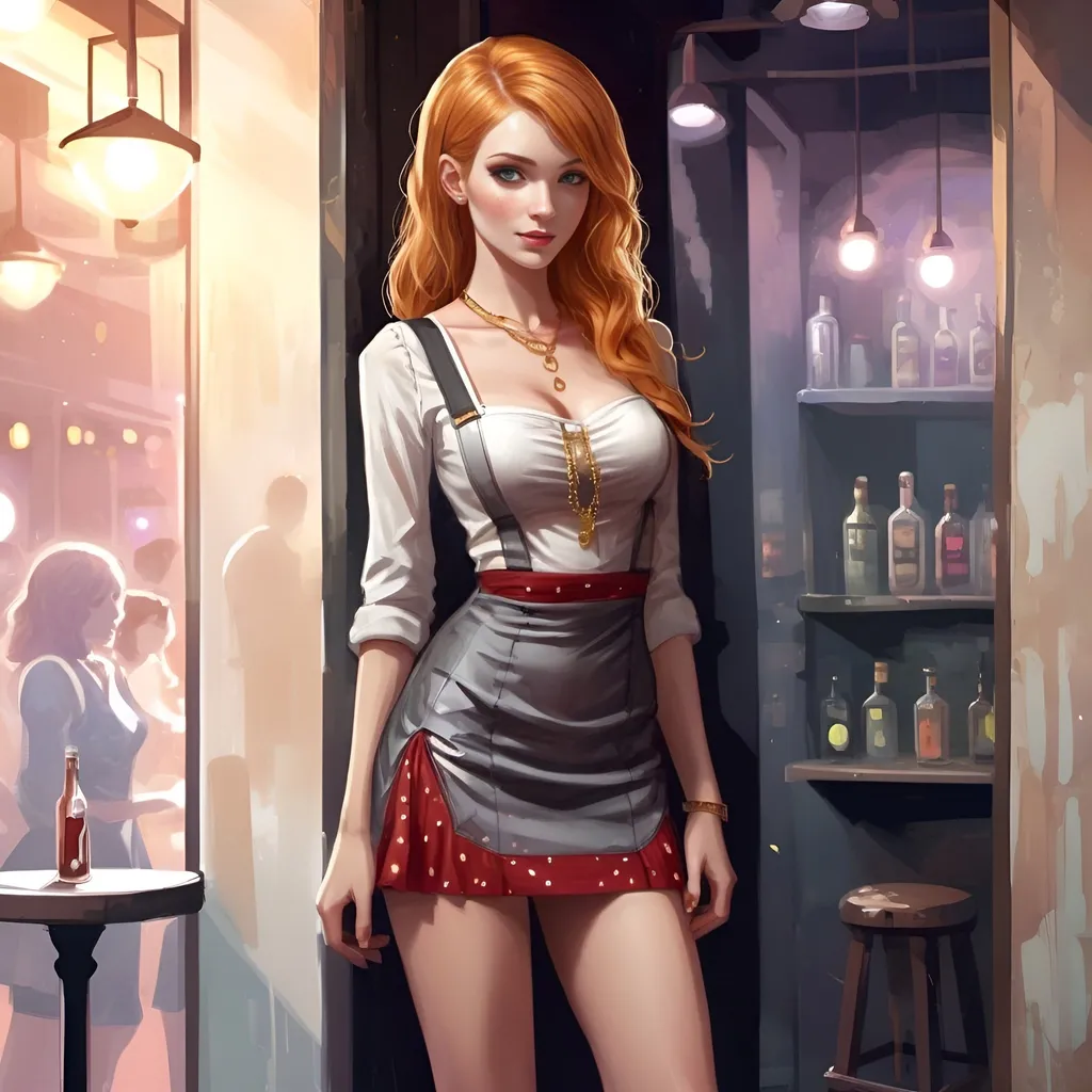 Prompt: A late night music venue. Slender early 20s attractive strawberry blonde bartender woman in a short dress,  pinafore square neckline, gold necklace, late night nightclub, game-rpg fantasy style, detailed character design, atmospheric lighting, urban fantasy, late-night setting, highres, detailed, fantasy, RPG, cluttered background, striking appearance, intense and dramatic lighting