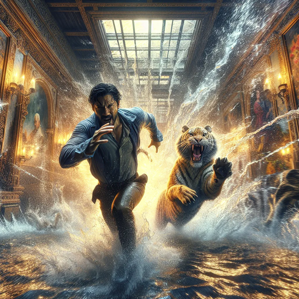 Prompt: (central content: man running through a flooded room with a tiger chasing him), (explosion of water splash), (fantastic realism), (hyperrealistic painting), indoor setting, dramatic lighting illuminating the dynamic scene, chaotic atmosphere, emotions of urgency and thrill, vividly detailed water reflections, intricate textures of the environment, 4K, ultra-detailed masterpiece.