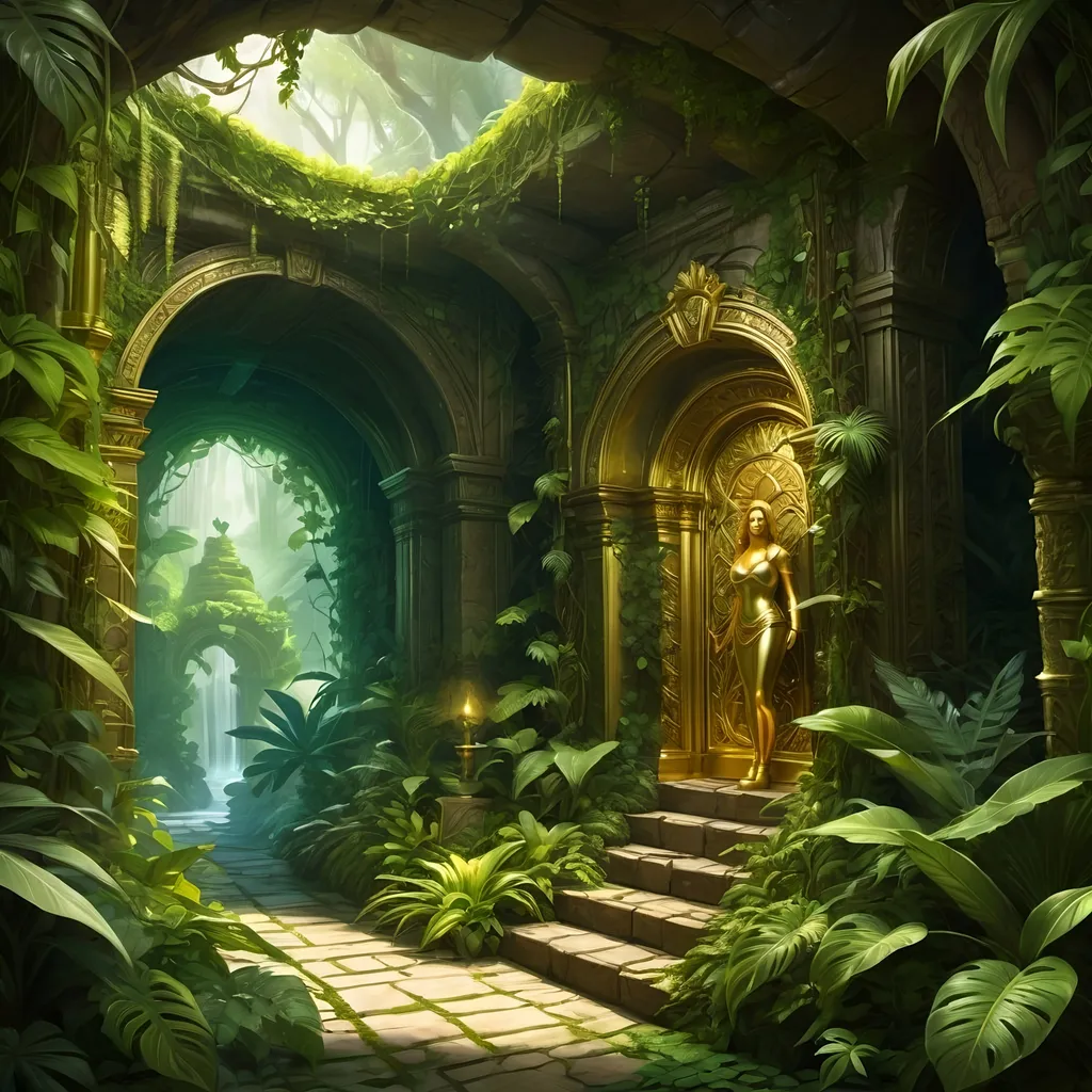 Prompt: Detailed RPG fantasy illustration of a jungle tunnel, man standing in a treasure room cave, gold statue of a woman, lush overgrown vines on the walls, high quality, ultra-detailed, fantasy, RPG, jungle setting, treasure room, gold statue, lush vines, atmospheric lighting, intricate details