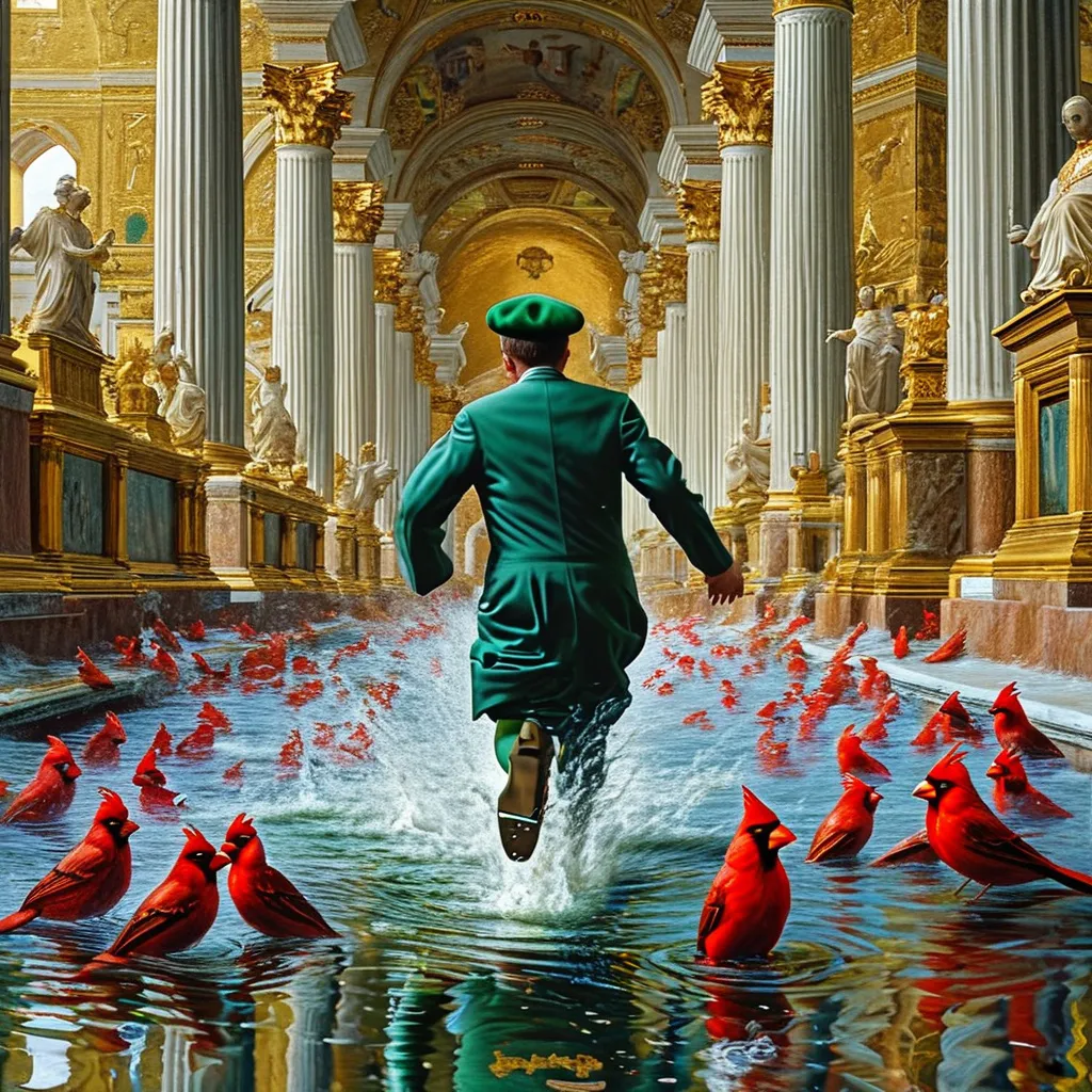 Prompt: a slender man wearing a green sarin suit an green beret is running, explosively splashing through a flooded golden Vatican gold basilica, gold columns, gold ceilings, gold cherubs, gold framed paintings on the wall (catholic cardinals) intermixed with (northern cardinal birds) and (St Louis Cardinal baseball players) in the background, Chris LaBrooy, fantastic realism, realistic painting, a hyperrealistic surrealistic highly detailed painting