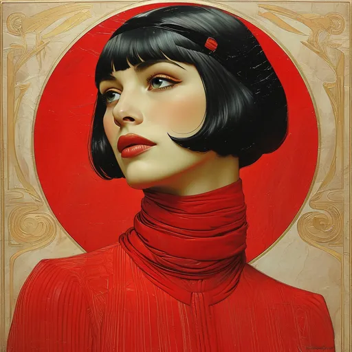 Prompt: a painting of a woman in a red dress with a red circle around her neck and a red circle around her neck, Edwin Georgi, cloisonnism, stanley artgerm lau, an art deco painting