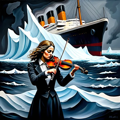 Prompt: (misc-dystopian style), thick impasto oil painting, (dark color scheme), vivid emotions, sad devastated violinist. , Titanic ocean liner sinking, iceberg looms, dramatic atmosphere, distressed violinist, gazing at iceberg, thick bumpy paint strokes, rich texture, (highly detailed), deep shadows, captivating scene, melancholic mood, HD quality, stirring imagery.