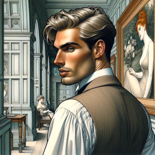 Prompt: M.c.Escher , a beautiful Scottish completed pale brown hair man looking over his shoulder in hallway in the style of milo manara — all the art on the walls are versions of burne-jones women