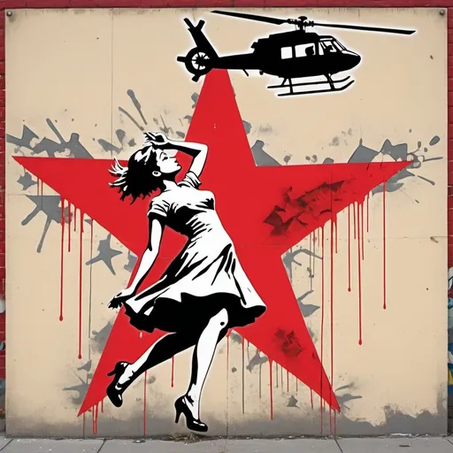 Prompt: (Banksy-inspired art), vibrant street art style, a woman in a short flowing dress dramatically falling downward from a helicopter (1960s red star design), intricate details capturing her movement and motion, distressed and weathered billboard background with textured layers of paint and graffiti, an urban setting filled with dynamic energy, gritty ambiance, bright contrasting colors, high quality, ultra-detailed.