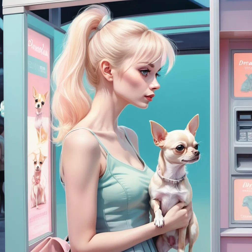 Prompt: Dreamlike, surrealistic illustration of a Caucasian 30 year old blonde ponytail woman in a short skirt and holding a chihuahua, seen in profile, standing inside a phone kiosk, whimsical and surreal setting, pastel color palette, soft and ethereal lighting, anime, surreal, dreamlike, phone kiosk, short skirt, chihuahua, whimsical, pastel colors, ethereal lighting, detailed eyes, best quality, highres, soft tones, professional