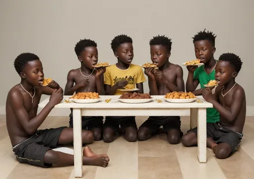 Prompt: an image of african boys  sitting on the floor, eating buffet. photorealistic