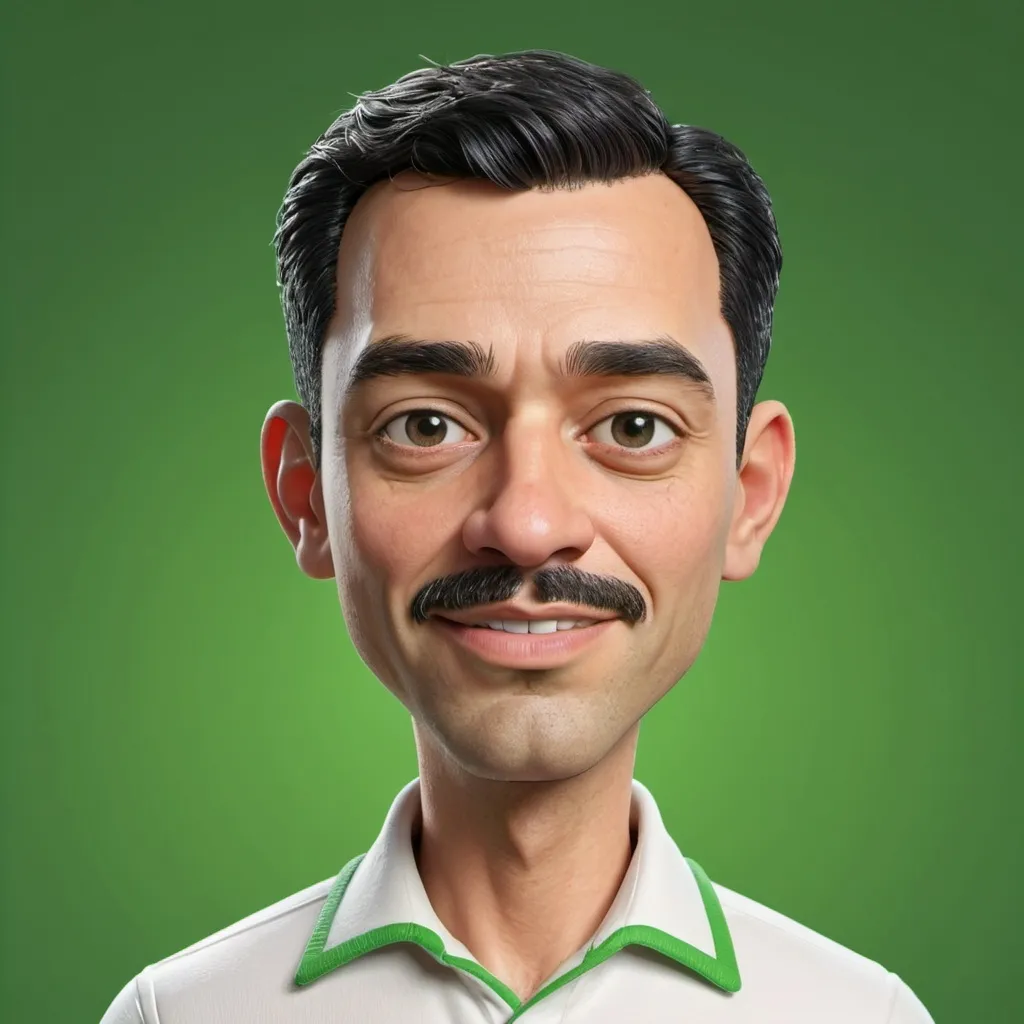 Prompt: "Create a 3D realistic cartoon-style caricature of a man with short black hair, light skin, thin mustache, and wearing a white shirt with green trim. The background should be green. The man has a calm expression and is looking directly at the viewer."