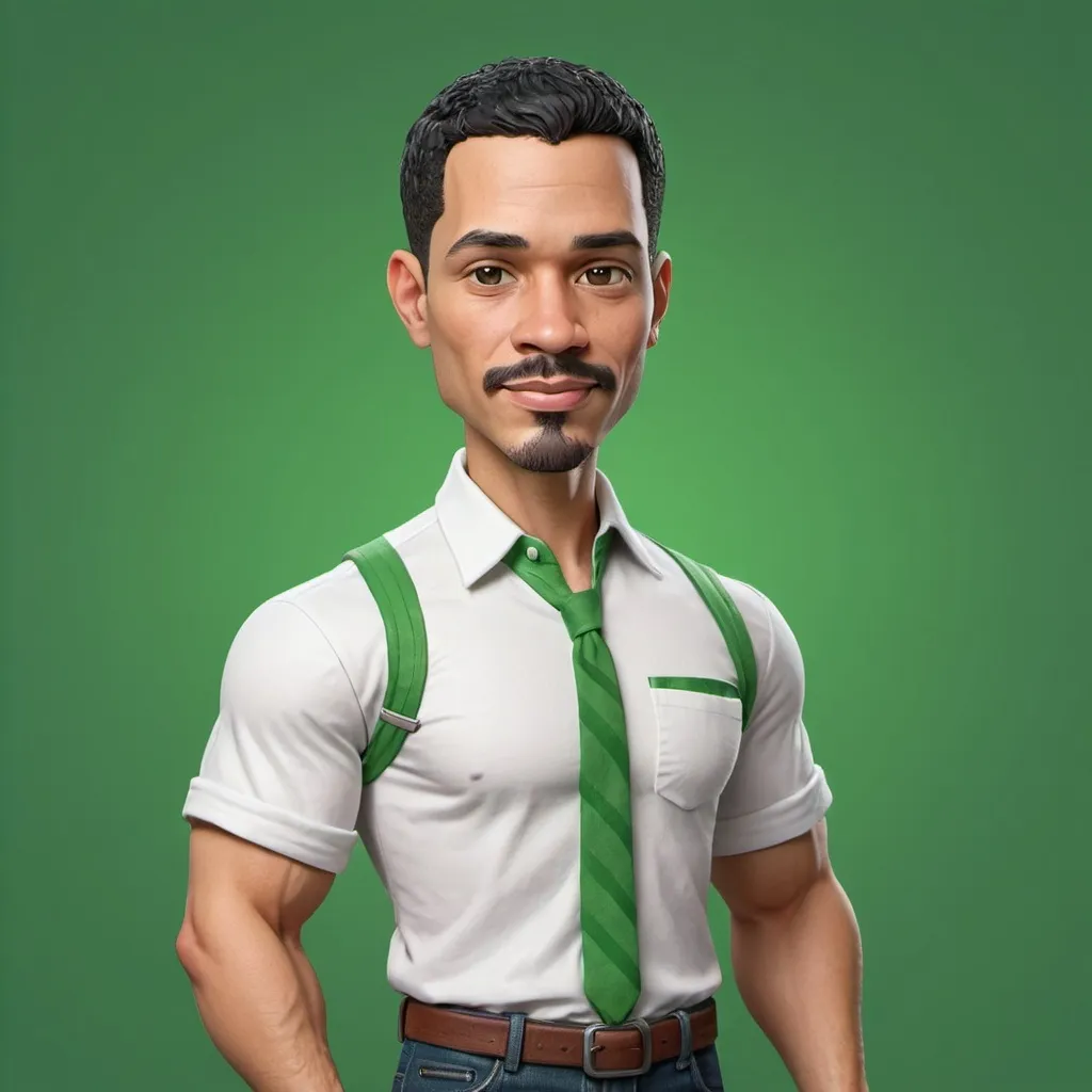 Prompt: "Create a 3D realistic cartoon-style caricature of a man with short black hair, light skin, thin mustache, and wearing a white shirt with green trim. The background should be green. The man has a calm expression and is looking directly at the viewer."“Create a realistic, cartoon-style 3D full-body caricature of a man with short black hair, light skin, a thin mustache, and wearing a white shirt with green stripes. The background should be green. The man has a calm expression and looks directly at the viewer."