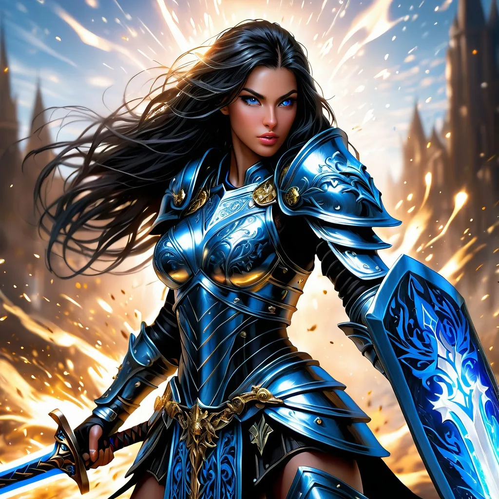 Prompt: Full body visible, oil painting, Splash image, combat pose, beautiful athletic human cleric ((beautiful detailed face and eyes)), Black hair, glowing eyes, intricate detailed outfit, intricate hyper detailed hair, intricate fantasy armor glowing blue. combat picture with her fighting off a horde of undead with a sword ((proper one bladed sword with handle to grip)). Muscular abs. intricate hyper detailed hair, intricate hyper detailed eyelashes, intricate hyper detailed shining pupils, #3238, UHD, hd , 8k eyes, detailed face, 8k eyes, intricate details, insanely detailed, masterpiece, cinematic lighting, 8k, complementary colors, golden ratio, octane render, volumetric lighting, unreal 5, artwork, concept art, cover, top model, light on hair colorful gritty hyperdetailed background of a battle. ultra-fine details, hyper-focused, deep colors, dramatic lighting, ambient lighting | by sakimi chan, artgerm, wlop, pixiv, tumblr, instagram, deviantart, full body image