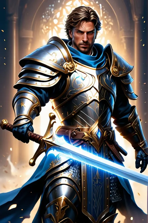 Prompt: Full body visible, oil painting, Splash image, combat pose, middle aged male human cleric wielding divine magic ((detailed face and eyes with an old scar on his face)) Large two handed sword sheathed on his back. short cropped brown hair, intricate detailed outfit, intricate fantasy gray full plate armor with glowing blue accents. Large two handed sword sheathed on his back. intricate hyper detailed shining pupils, #3238, UHD, hd , detailed face, intricate details, insanely detailed, masterpiece, cinematic lighting, 8k, complementary colors, golden ratio, octane render, volumetric lighting, unreal 5, artwork, concept art, cover, light on hair colorful gritty hyperdetailed background of a battle. ultra-fine details, hyper-focused, deep colors, dramatic lighting, ambient lighting, full body image