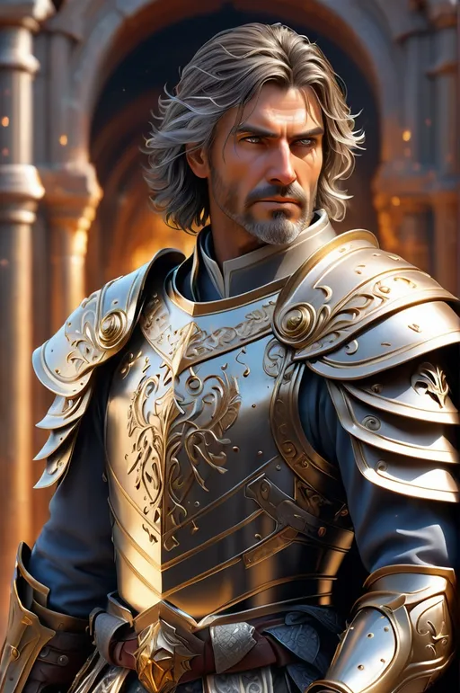 Prompt: Full body visible, oil painting, Splash image, middle aged male human cleric wielding divine magic ((detailed face and eyes with an old scar on his face)), short cropped brown hair with come gray hair, intricate detailed outfit, intricate fantasy gray full plate armor. Large two handed sword sheathed on his back. intricate hyper detailed shining pupils, #3238, UHD, hd , detailed face, intricate details, insanely detailed, masterpiece, cinematic lighting, 8k, complementary colors, golden ratio, octane render, volumetric lighting, unreal 5, artwork, concept art, cover, light on hair colorful gritty hyperdetailed background of a battle. ultra-fine details, hyper-focused, deep colors, dramatic lighting, ambient lighting, full body image