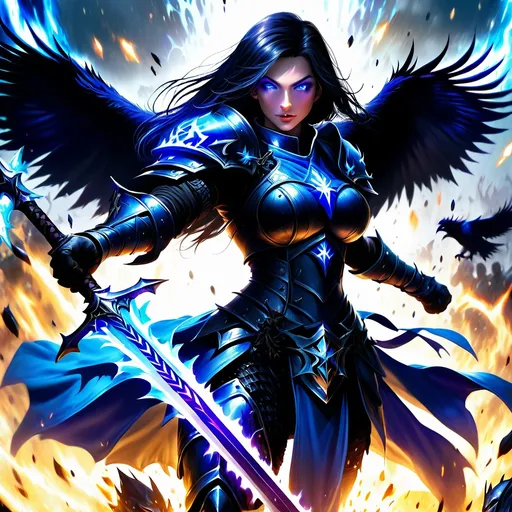 Prompt: Splash image of a beautiful human cleric, raven hair, white eyes, fantasy armor glowing blue. combat picture with her fighting off a horde of undead with a glowing sword