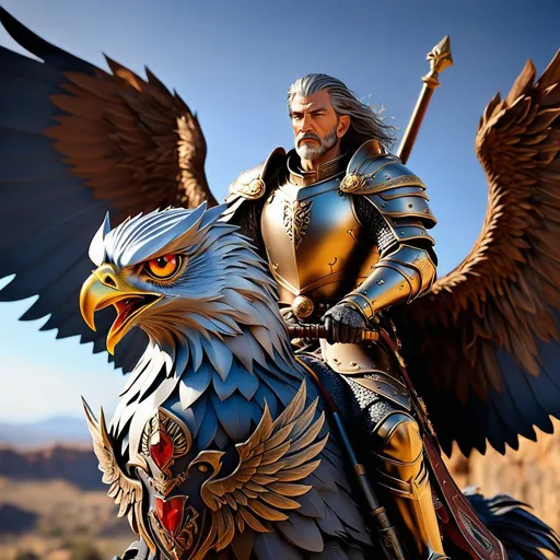 Prompt: Full body visible holding weapons, oil painting, Combat image, middle aged male human cleric with sword and shield riding an owl headed griffon in flight ((detailed face and eyes with an old scar on his face)), brown and gray hair, intricate detailed outfit, intricate details engraved fantasy gray full plate armor. Holdings sword and shield, Human without wings riding a half owl feathered Griffin, intricate hyper detailed sword and shield, #3238, UHD, hd , detailed face, intricate details, insanely detailed, masterpiece, cinematic lighting, 8k, complementary colors, golden ratio, octane render, volumetric lighting, unreal 5, artwork, concept art, cover, light on hair colorful gritty hyperdetailed background of a battle. ultra-fine details, hyper-focused, deep colors, dramatic lighting, ambient lighting, full body image