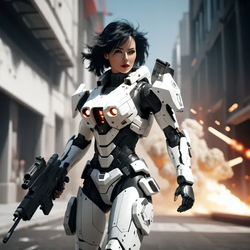 Prompt: Photorealistic combat picture with explosions in the background. A beautiful feminine white combat robot with a human face. Black hair and lipstick. Fully geared up for battle in a futuristic war setting. She is posed, weapon ready and running into battle. Dynamic lighting in sunlight, high octane render. HD reder, insanely highly detailed.