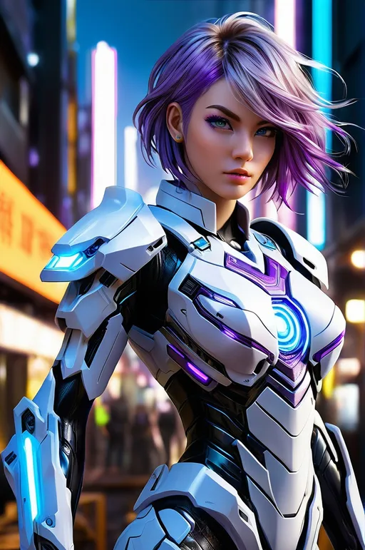 Prompt: Full body visible, oil painting, Splash image, combat pose, gorgeous, athletic, female netrunner in her mid 30's ((beautiful detailed face and eyes)), Short purple hair which has been shaved at the sides, blue eyes, intricate detailed outfit, intricate hyper detailed hair, intricate white mecha suit armor with purple glowing components. Posed standing with a Sci-Fi combat rifle. intricate hyper detailed hair, intricate hyper detailed eyelashes, #3238, UHD, hd , 8k eyes, detailed face, 8k eyes, intricate details, insanely detailed, masterpiece, cinematic lighting, 8k, complementary colors, golden ratio, octane render, volumetric lighting, unreal 5, artwork, concept art, cover, top model, light on hair colorful gritty hyperdetailed background of a cyberpunk city. ultra-fine details, hyper-focused, deep colors, dramatic lighting, ambient lighting | by sakimi chan, artgerm, wlop, pixiv, tumblr, instagram, deviantart, muscular abdomen , full body image