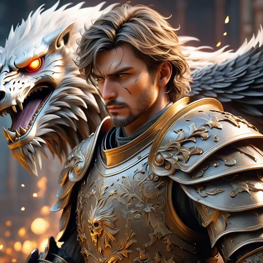 Prompt: Full body visible, oil painting, Splash image, middle aged male human cleric mounted on a griffon fighting off skeletons with a large sword ((detailed face and eyes with an old scar on his face)), short cropped brown hair with some gray hair, intricate detailed outfit, intricate fantasy gray full plate armor. intricate hyper detailed shining pupils, #3238, UHD, hd , detailed face, intricate details, insanely detailed, masterpiece, cinematic lighting, 8k, complementary colors, golden ratio, octane render, volumetric lighting, unreal 5, artwork, concept art, cover, light on hair colorful gritty hyperdetailed background of a battle. ultra-fine details, hyper-focused, deep colors, dramatic lighting, ambient lighting, full body image