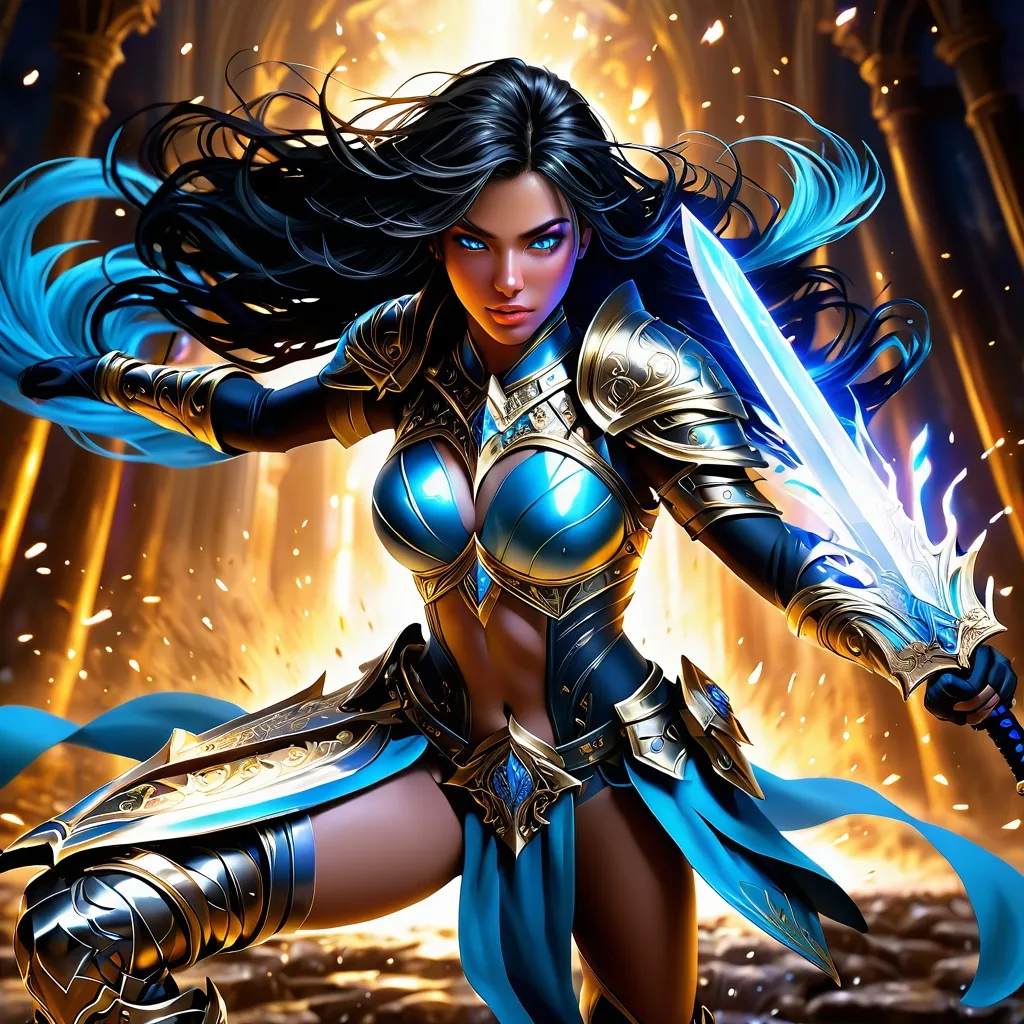 Prompt: Full body visible, oil painting, Splash image, combat pose, beautiful, athletic human cleric ((beautiful detailed face and eyes)), Black hair, glowing eyes, intricate detailed outfit, intricate hyper detailed hair, intricate fantasy small bathing suit armor glowing blue ((abs showing)). combat picture with her fighting off a horde of undead with a sword ((proper one bladed sword with handle to grip)). Muscular abs. intricate hyper detailed hair, intricate hyper detailed eyelashes, intricate hyper detailed shining pupils, #3238, UHD, hd , 8k eyes, detailed face, 8k eyes, intricate details, insanely detailed, masterpiece, cinematic lighting, 8k, complementary colors, golden ratio, octane render, volumetric lighting, unreal 5, artwork, concept art, cover, top model, light on hair colorful gritty hyperdetailed background of a battle. ultra-fine details, hyper-focused, deep colors, dramatic lighting, ambient lighting | by sakimi chan, artgerm, wlop, pixiv, tumblr, instagram, deviantart, abs exposes, full body image