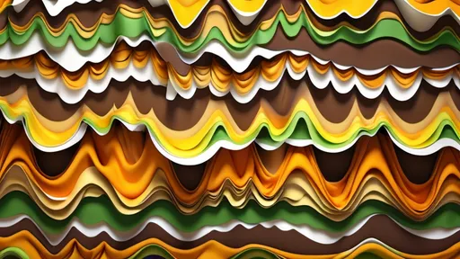 Prompt: frilly wavy bubbly intricate pattern of a fabric  in brown, yellow, orange, white, yellow, and green, like fabric with frills, 3D effect, with orange and green dots and bubbles