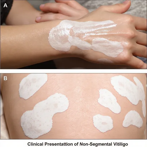 Prompt: <br>
Figure 1: Clinical Presentation of Non-Segmental Vitiligo
(A) Symmetrical, well-demarcated depigmented patches on the dorsal hands and fingers, characteristic of acrofacial vitiligo.
(B) Widespread, bilateral chalk-white macules and patches on the trunk in a patient with generalized vitiligo. Note the sharp borders and absence of inflammation.
(Descriptive text for a representative clinical image.)
<br>
