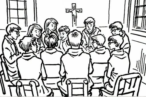 Prompt: I want a picture that contains teenagers who are conversing engaged and emotional. They sit in a circle on chairs. They are in a church room.