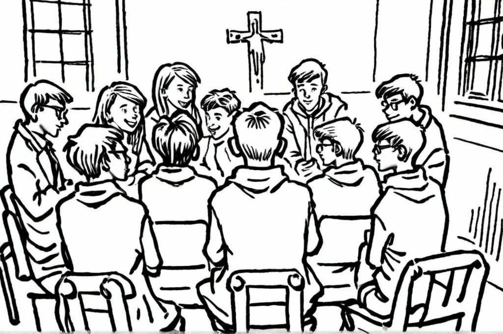 Prompt: I want a picture that contains teenagers who are conversing engaged and emotional. They sit in a circle on chairs. They are in a church room.