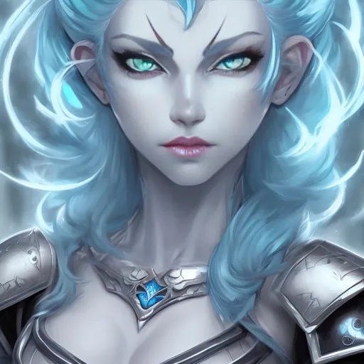 Prompt: Blue hair, pearl eyes, female, dnd, tiefling, white skin, shiny warlock armor