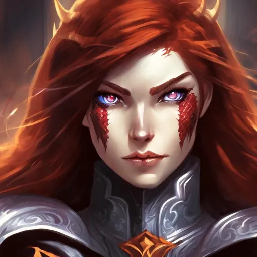 Prompt: Dungeons and dragons woman with dark red hair, eyes white, light armor, portrait, warlock