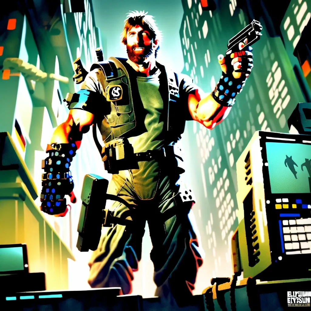 Prompt: Ex veteran with uniform , webbing and Tactical fingerless gloves on his hands. Stood up serious face, middle aged man brown air some scars on his face and cyber metal bits of metal on top of his cheeks , computer art, cyberpunk style, rough ready kind of man, he is agent Kruger from Elysium,cyberpunk art.produced in a limited animation style that draws visually from mid-twentieth-century comic art.