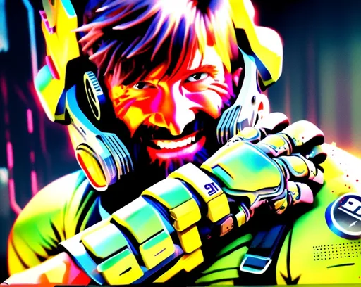 Prompt: a man with a beard and metal cyber chip on top of his cheeks, wearing tactical gloves and worn dirt uniform with full webbing and gear.with a serious, devious happy grin look on his face, Doc Hammer, realism, ultra realistic digital art, concept art, cyber punk, archer TV series cartoon style