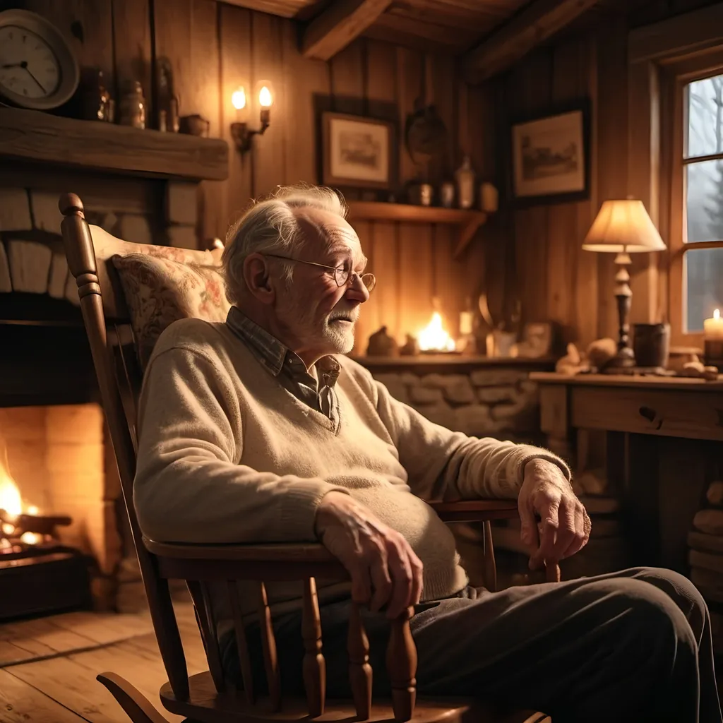 Prompt: An old man in a rocking chair telling stories, warm and cozy atmosphere, golden-hour lighting, soft shadows, muted tones, storytelling mood, detailed facial expressions, rustic wooden background, cottage interior, dimly lit fireplace in background, high quality, ultra-detailed, 4K.