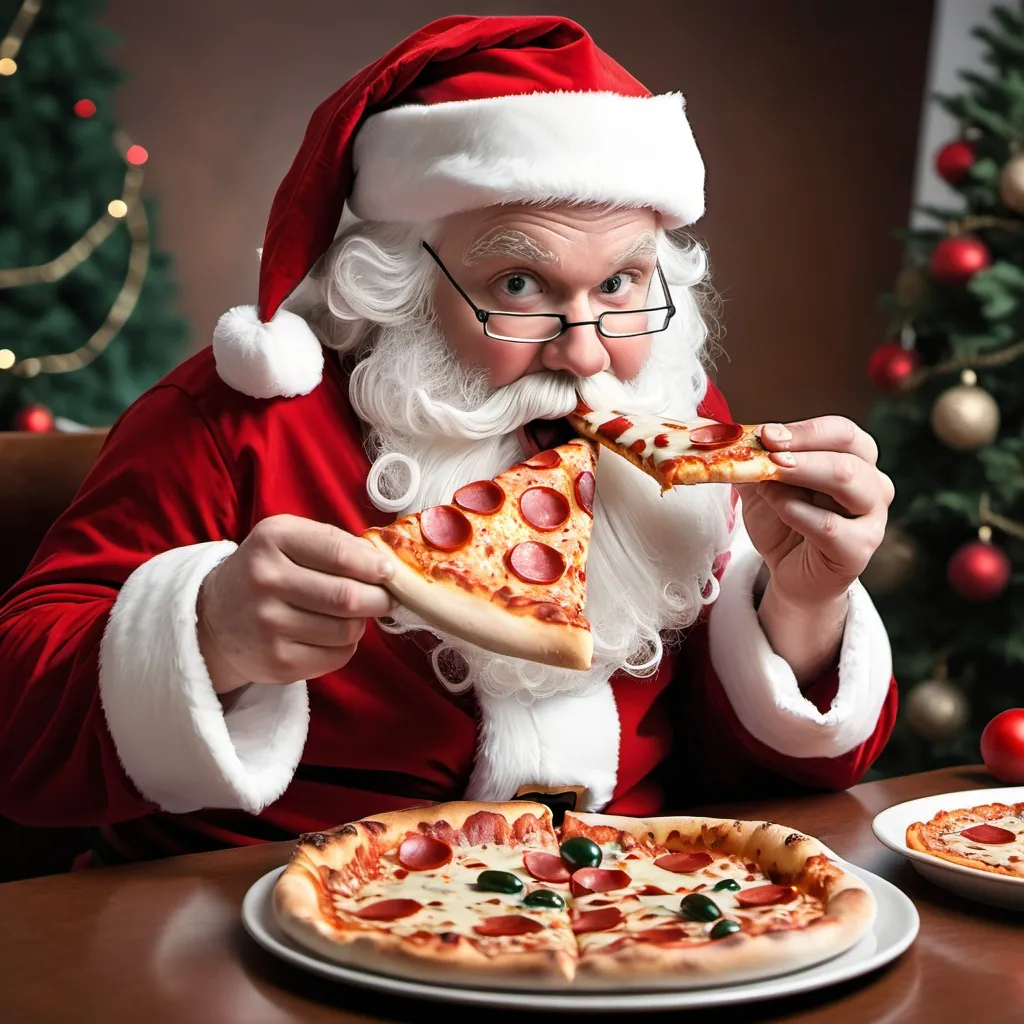 Prompt: Santa eating pizza 
