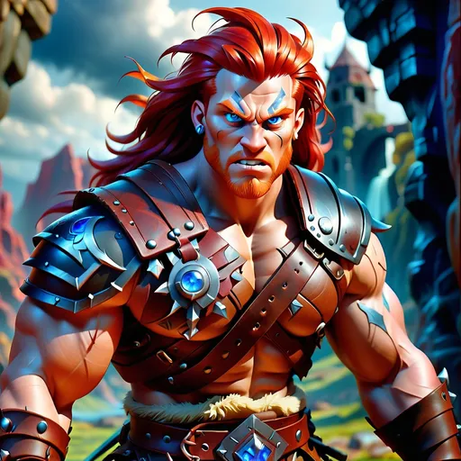 Prompt: (Barbarian character), 25 years old, (intense expression), (muscular physique), wearing rugged leather armor, vibrant red hair flowing in the wind, piercing blue eyes, surrounded by a mystical Dungeons and Dragons landscape, (fantasy atmosphere), dramatic shadows and highlights, epic battleground background, (ultra-detailed), rich colors, cinematic quality, evoking adventure and bravery. And he has a battleaxe.