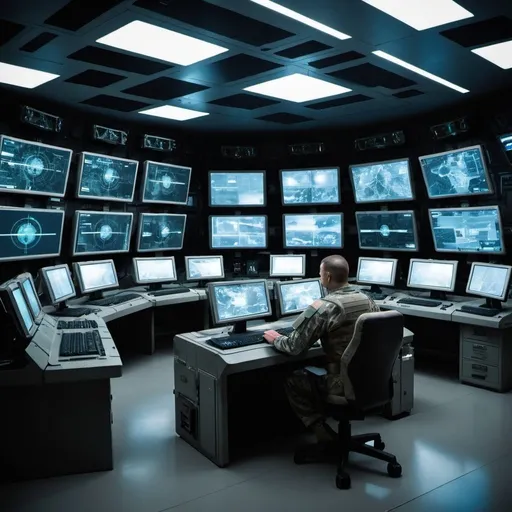 Prompt: futuristic military situational room with many computer screens