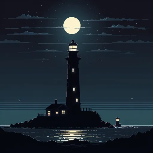 Prompt: (no light in the lighthouse at night), pixel art, dark color schemes, deep shadows, minimalist design, nostalgic pixelated details.