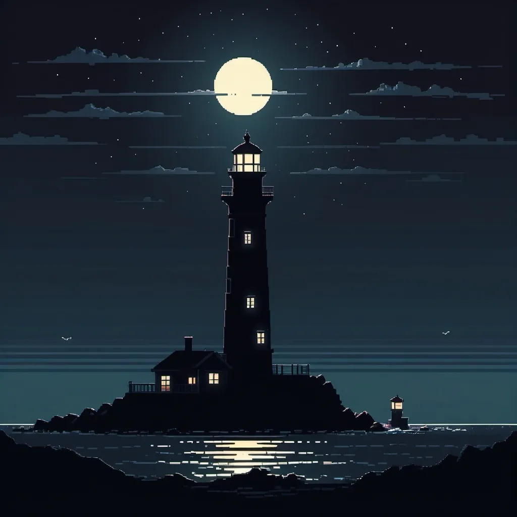 Prompt: (no light in the lighthouse at night), pixel art, dark color schemes, deep shadows, minimalist design, nostalgic pixelated details.