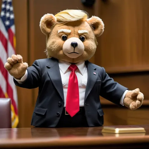 Prompt: A teddy bear Donald Trump who is a hero on trial in a court room 