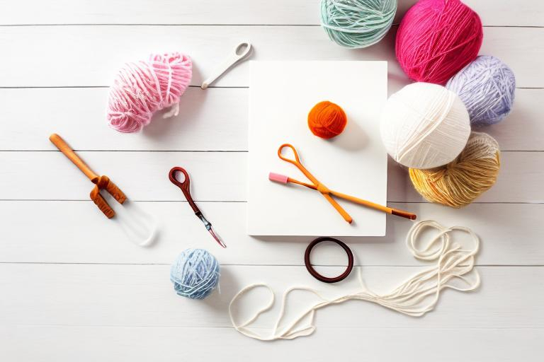 Prompt: A clean light wooden table surrounded by various colored balls of yarn and knitting tools